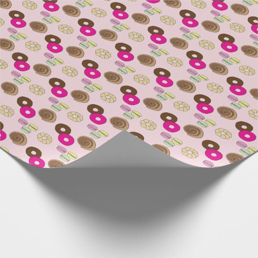 Donuts, donuts, macrons, kaneelrolbanketbakkerswer cadeaupapier (Hoek)