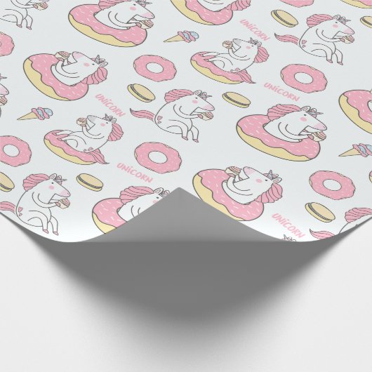Donuts en eenhoorns grillig patroon cadeaupapier (Hoek)