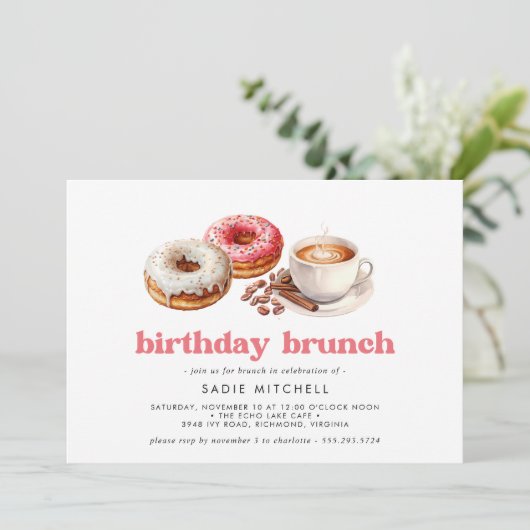 Donuts en Koffie | Cute Roze Verjaardags Brunch Kaart (Staand voorkant)