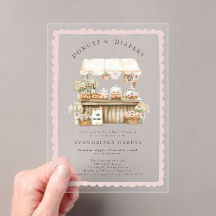 Donuts en Luier Roze Strik Meisje Baby Shower Acryl Uitnodigingen