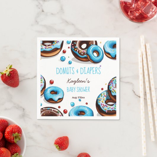 Donuts en luiers blauw baby shower bedrukt servet (Insitu)