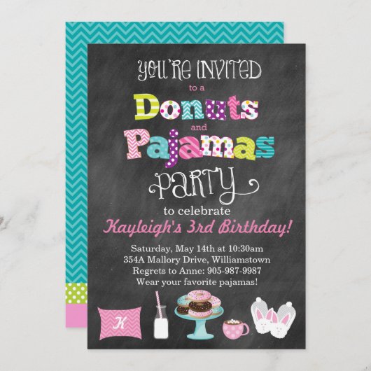 Donuts en pyjamas Chalkboard Style Invitation Kaart (Voorkant / Achterkant)
