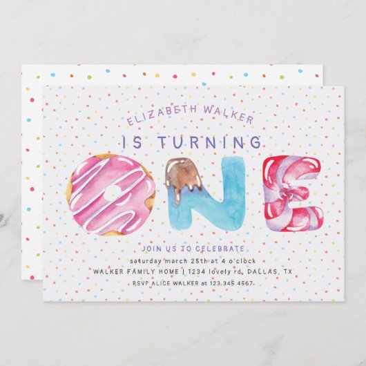Donuts en Sprinkles eerste verjaardagsuitnodiging (Voorkant / Achterkant)