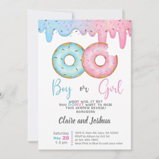Donuts geslacht onthulling uitnodiging, hij of zij kaart (Voorkant)