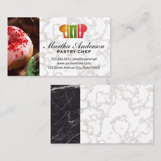 Donuts | Goud wit marmer | Chef Pet Logo Visitekaartje (Voorkant / Achterkant)