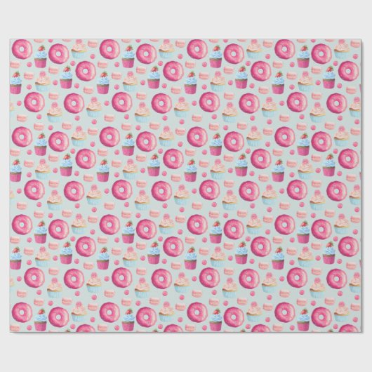 Donuts Macarons en Cupcake Patroon in Waterverf Cadeaupapier (Vlak)