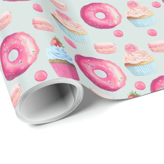 Donuts Macarons en Cupcake Patroon in Waterverf Cadeaupapier (Rol Hoek)