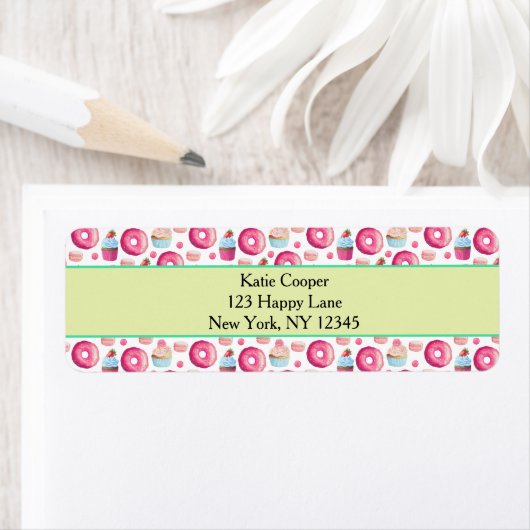 Donuts Macarons en Cupcake Patroon in Waterverf Etiket (Insitu)