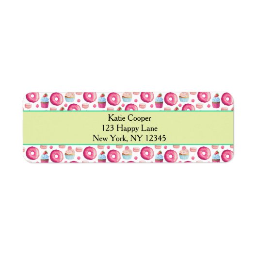 Donuts Macarons en Cupcake Patroon in Waterverf Etiket (Voorkant)