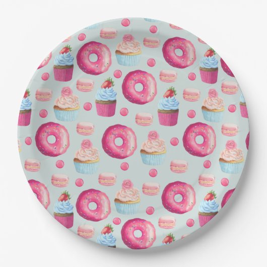 Donuts Macarons en Cupcake Patroon in Waterverf Papieren Bordje (Voorkant)