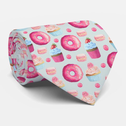 Donuts Macarons en Cupcake Patroon in Waterverf Stropdas (Opgerold)