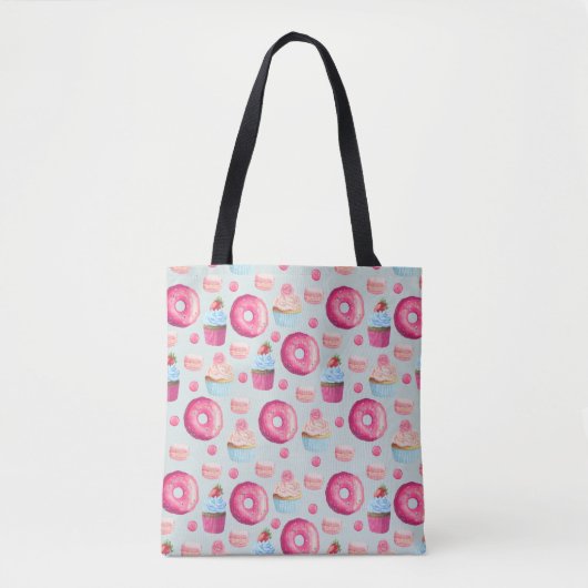 Donuts Macarons en Cupcake Patroon in Waterverf Tote Bag (Voorkant)