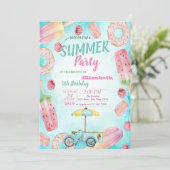 Donuts, Macaroons, Ice crème Bike Birthday Party Kaart (Staand voorkant)