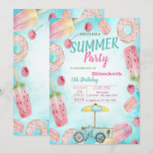 Donuts, Macaroons, Ice crème Bike Birthday Party Kaart (Voorkant / Achterkant)