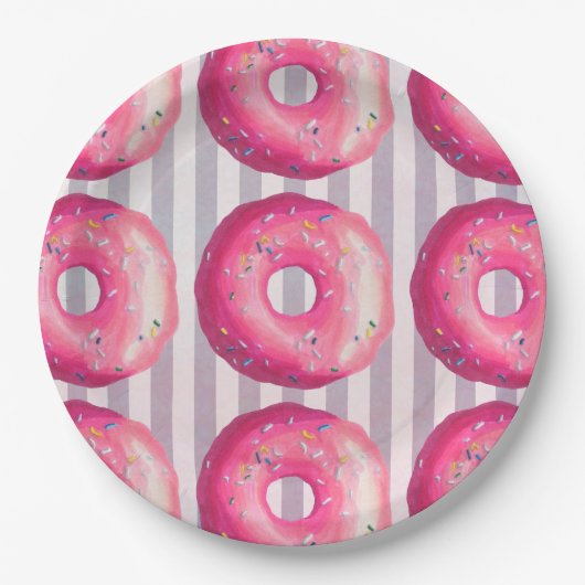 Donuts met roze vorst en sprinken papieren bordje (Voorkant)