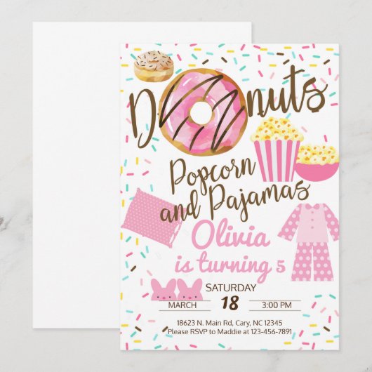 Donuts, popcorn en pyjama's, sleepover-uitnodiging kaart (Voorkant / Achterkant)