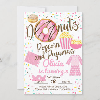 Donuts, popcorn en pyjama's, sleepover-uitnodiging kaart