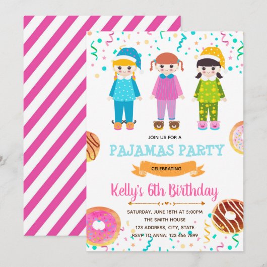 Donuts pyjama verjaardagsfeestje uitnodiging (Voorkant / Achterkant)