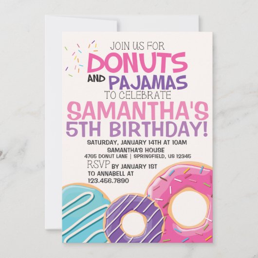 Donuts & pyjama verjaardagsuitnodiging | 5x7 kaart (Voorkant)