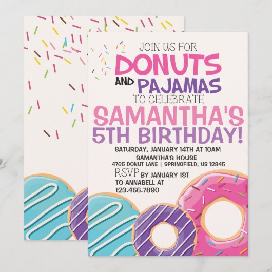 Donuts & pyjama verjaardagsuitnodiging | 5x7 kaart (Voorkant / Achterkant)