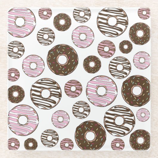 Donuts, roze donuts, bruine donuts glazen onderzetter (Voorkant)