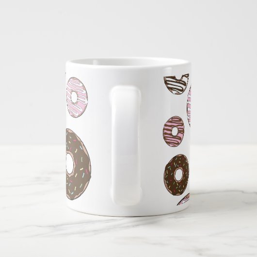 Donuts, roze donuts, bruine donuts grote koffiekop (Achterkant)