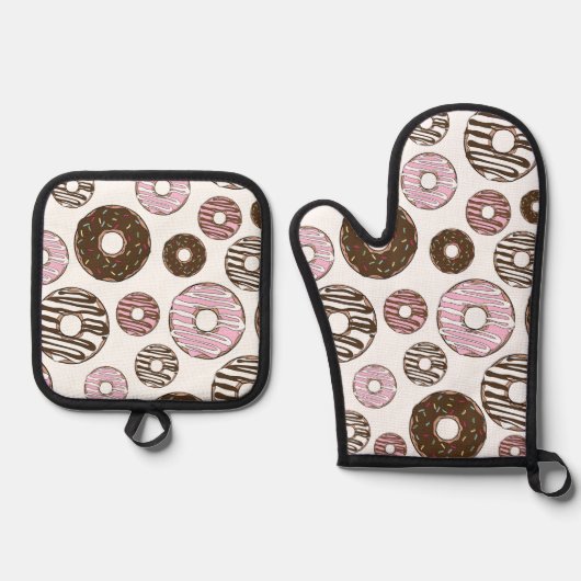 Donuts, roze donuts, bruine donuts ovenwant & pannenlap set (Voorkant)