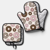 Donuts, roze donuts, bruine donuts ovenwant & pannenlap set (Voorkant / Achterkant)