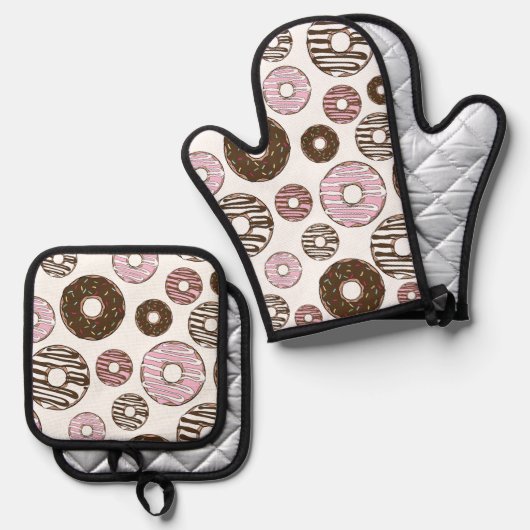 Donuts, roze donuts, bruine donuts ovenwant & pannenlap set (Voorkant / Achterkant)