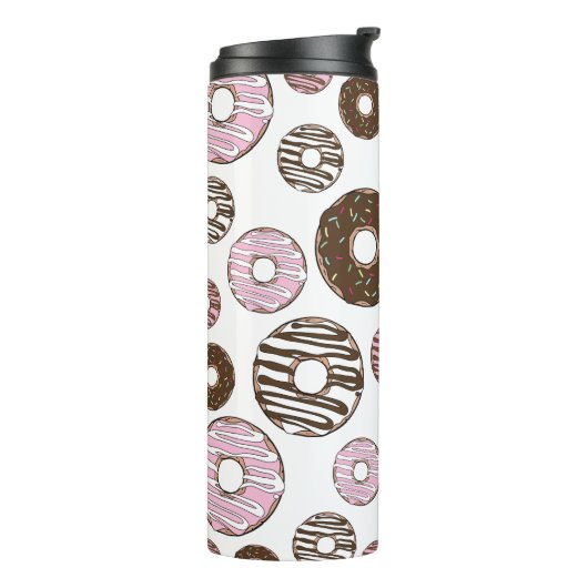 Donuts, roze donuts, bruine donuts thermosbeker (Gedraaid links)