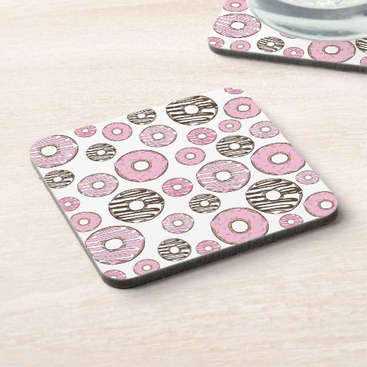 Donuts, roze donuts, witte donuts bier onderzetter (Linkerzijde)