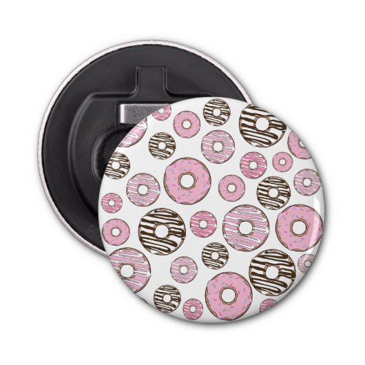 Donuts, roze donuts, witte donuts button flesopener (Voorkant)