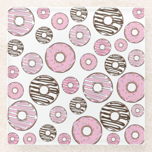 Donuts, roze donuts, witte donuts glazen onderzetter (Voorkant)