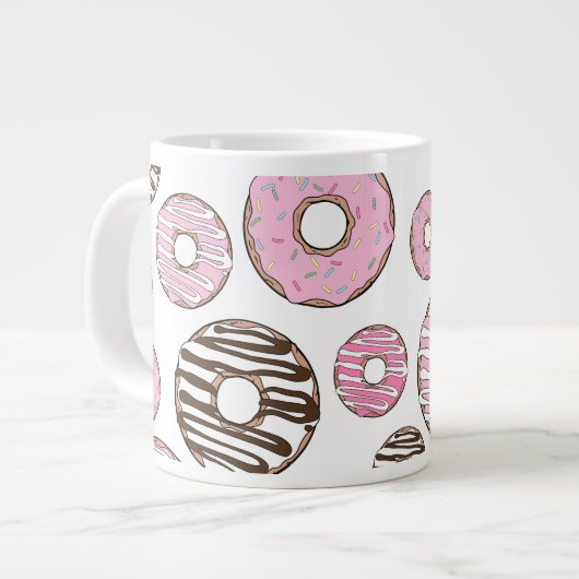 Donuts, roze donuts, witte donuts grote koffiekop (Links)
