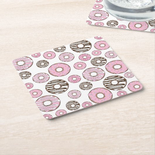 Donuts, roze donuts, witte donuts kartonnen onderzetters (Schuin)