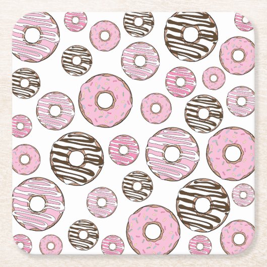 Donuts, roze donuts, witte donuts kartonnen onderzetters (Voorkant)