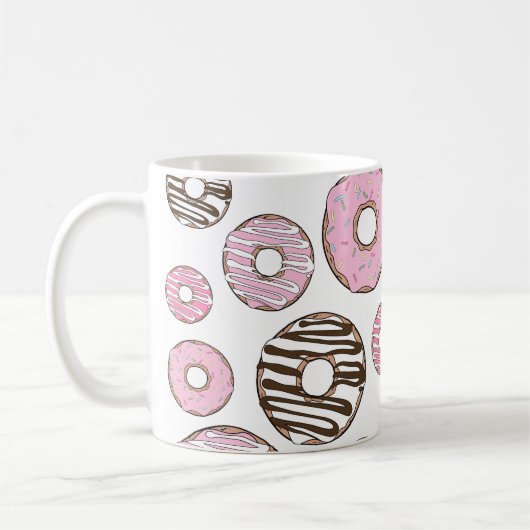 Donuts, roze donuts, witte donuts koffiemok (Links)