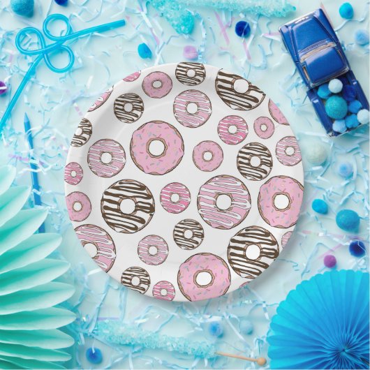 Donuts, roze donuts, witte donuts papieren bordje (Feest)