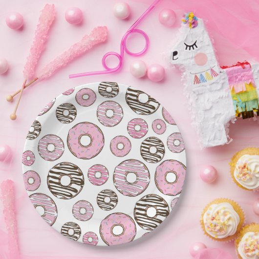 Donuts, roze donuts, witte donuts papieren bordje (Feest)