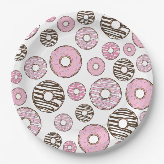Donuts, roze donuts, witte donuts papieren bordje (Voorkant)
