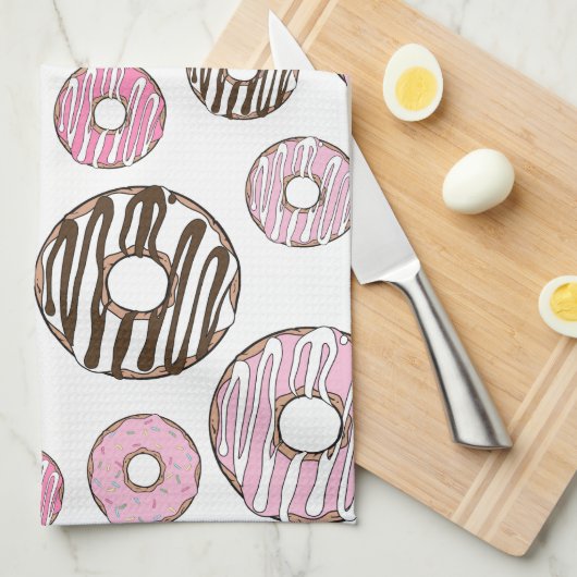 Donuts, roze donuts, witte donuts theedoek (Quarter Fold)