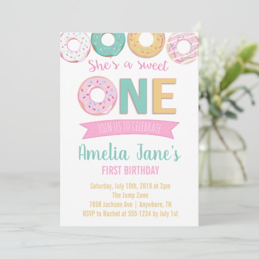 Donuts Sweet One First Birthday Invitation Kaart (Staand voorkant)