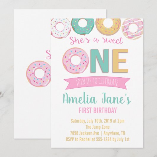 Donuts Sweet One First Birthday Invitation Kaart (Voorkant / Achterkant)