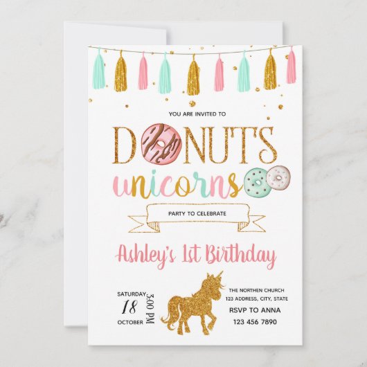 Donuts unicorn party-uitnodiging kaart (Voorkant)