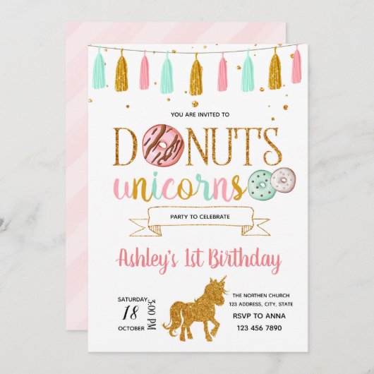 Donuts unicorn party-uitnodiging kaart (Voorkant / Achterkant)