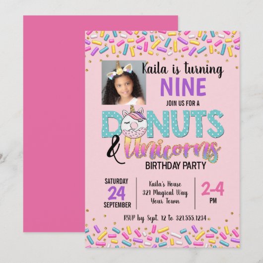 Donuts & Unicorns Threadparty Invitation Kaart (Voorkant / Achterkant)