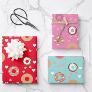 Donuts Valentijnsdag Harten Rood Roze Turkoois Inpakpapier Vel