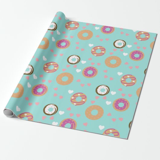 Donuts Valentijnsdag Harten Rood Zee Teal Cadeaupapier (Uitgerold)