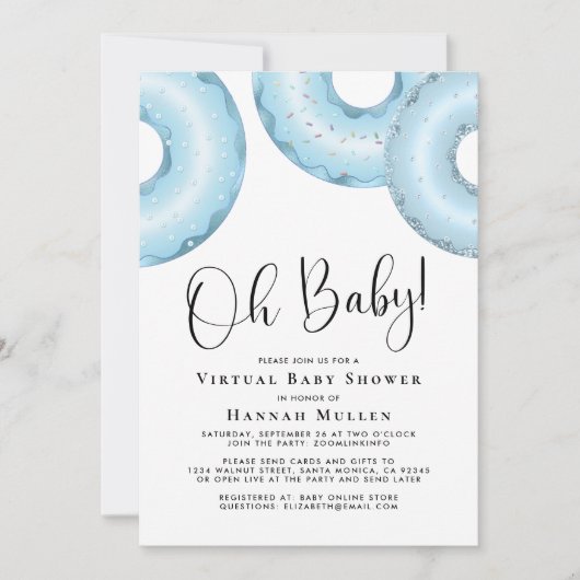 Donuts Virtual Baby shower Blue Invitation Kaart (Voorkant)