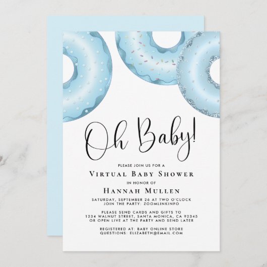 Donuts Virtual Baby shower Blue Invitation Kaart (Voorkant / Achterkant)